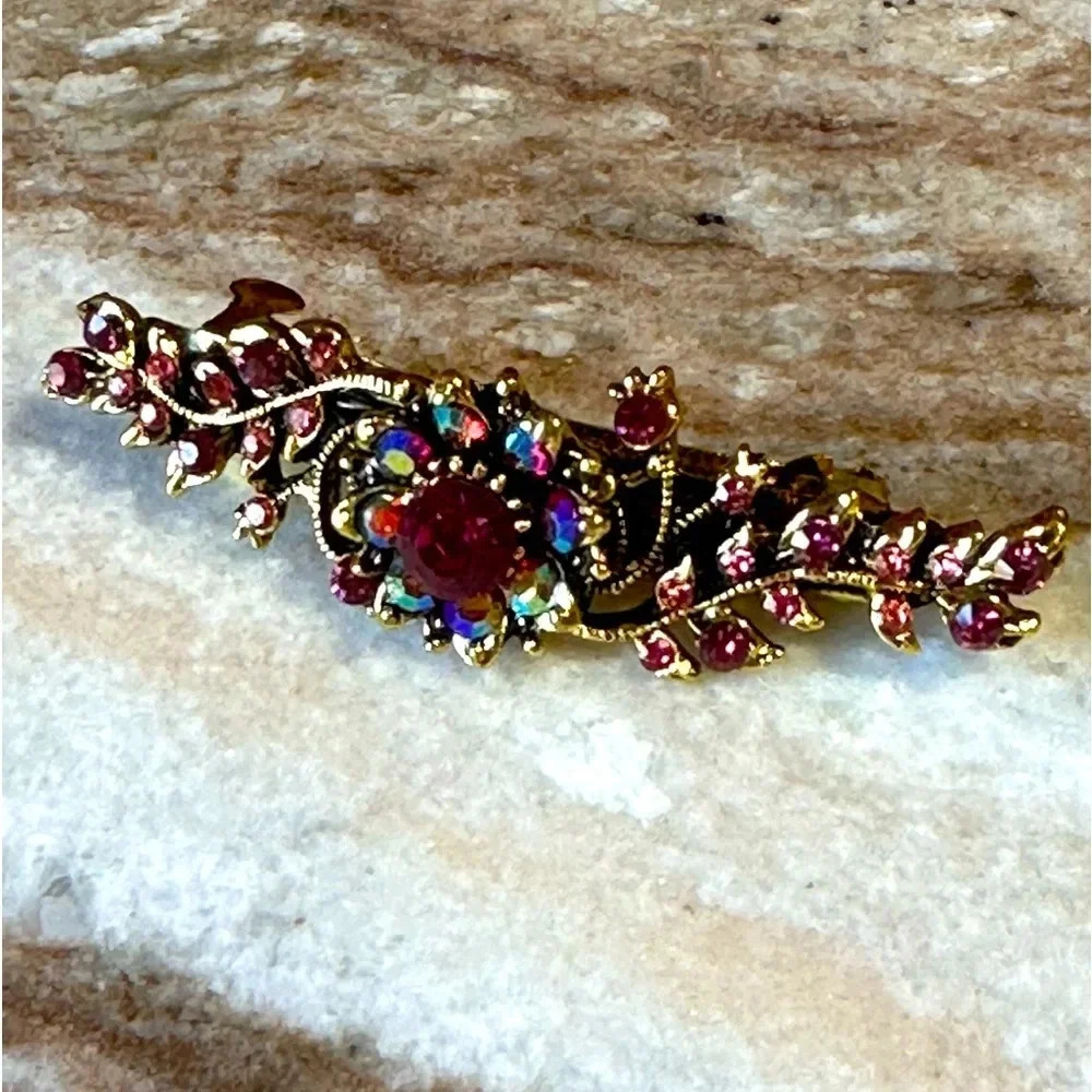 Dark Pink, Light Pink & AB Floral Crystal Rhinestone Medium Barrette Hair Clip - Picture 3 of 6